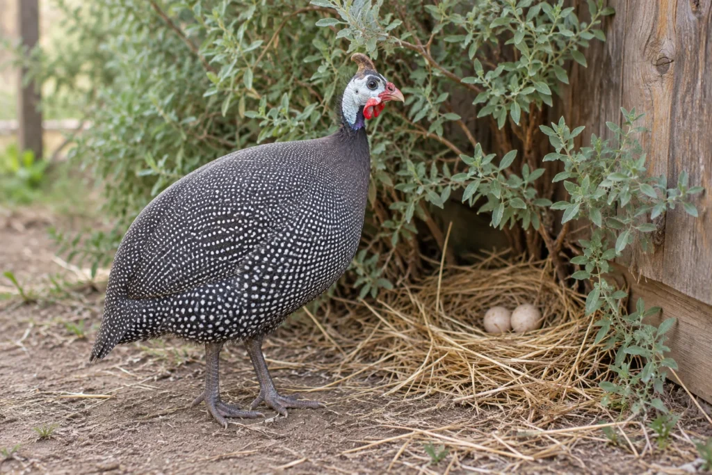 Perlhuhn mit weiß gesprenkeltem Gefieder neben zwei Eiern in einem geschützten Nest aus Stroh.