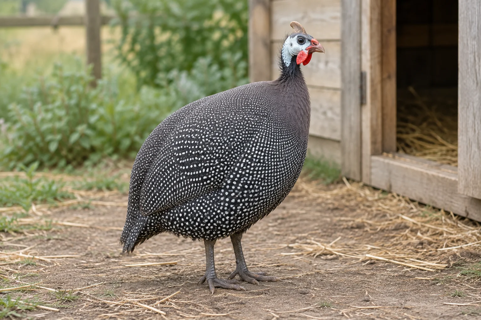 Perlhuhn mit dunklem, weiß gepunktetem Gefieder steht auf einem Hof neben einer Unterkunft aus Holz.