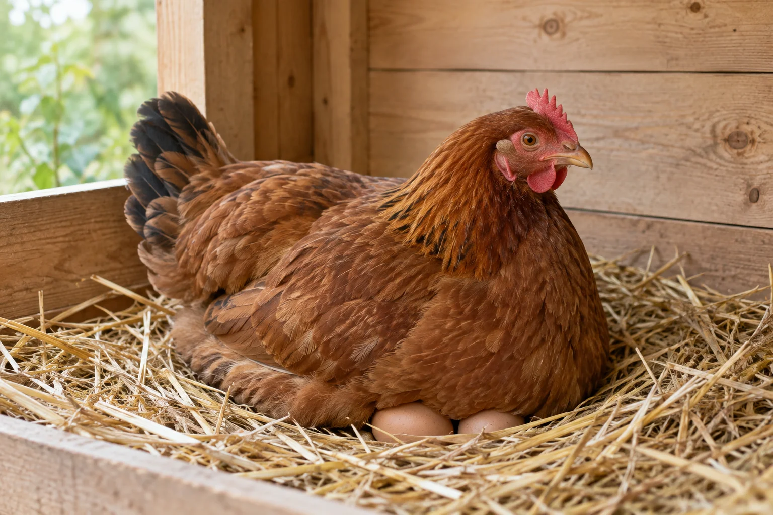 Braunes Huhn sitzt in einem Strohnest in einem Holzstall, unter seiner Brust sind zwei Eier zu sehen.