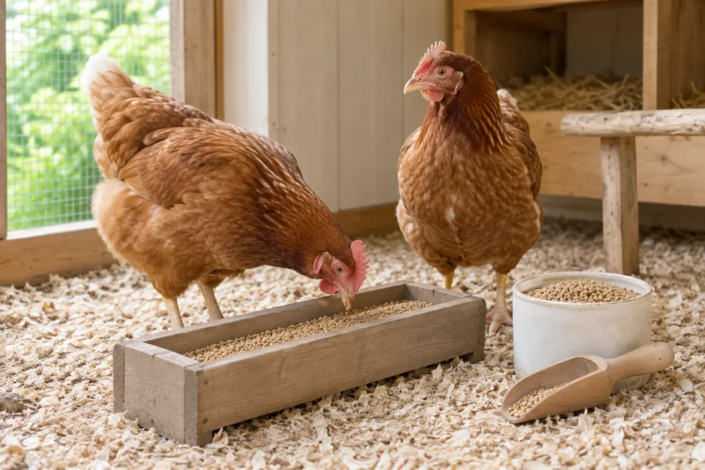 Zwei braune Hühner in einem Holzstall; eines pickt Futter aus einem Futtertrog. Daneben stehen ein Behälter mit Futter und eine Holzschaufel.