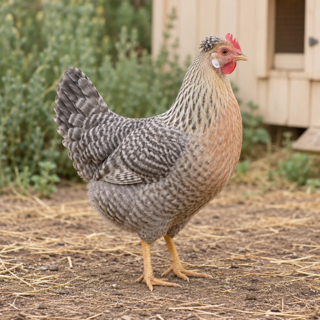Ein Huhn mit kleinem Schopf, grau gestreiften Federn, warmer Brustfärbung und gelben Beinen steht auf Erde mit Stroh vor einem hellen Holzstall.