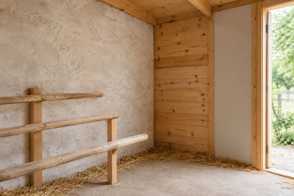 Innenansicht eines leeren Hühnerstalls mit einer hellen Wand, Holzwänden und Sitzstangen.