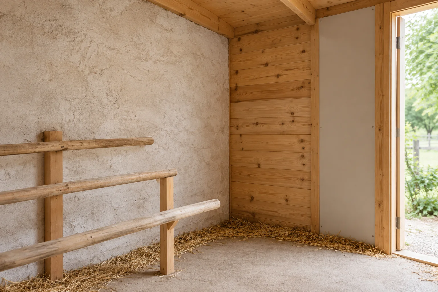 Innenansicht eines leeren Hühnerstalls mit einer hellen Wand, Holzwänden und Sitzstangen.