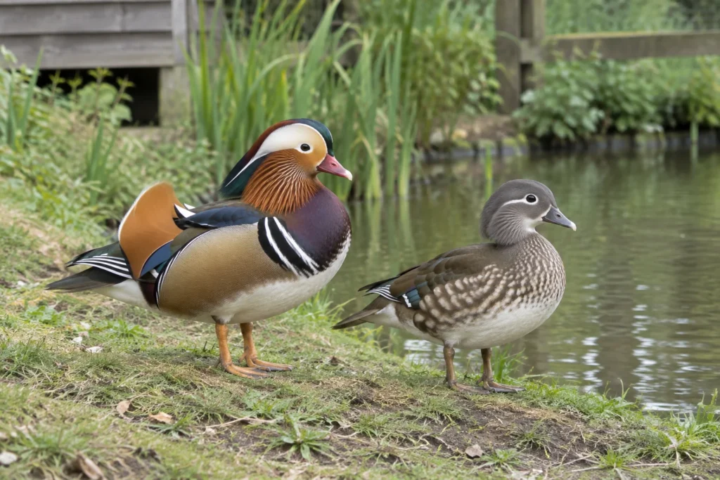 Illustration einer männlichen und einer weiblichen Mandarinente am Ufer eines Teichs.