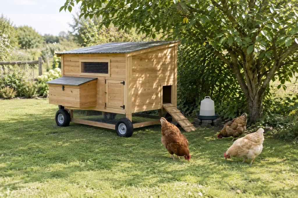 Illustration eines fahrbaren Hühnerhauses aus Holz mit einer Rampe, drei scharrenden Hühnern und einer Tränke in einem grünen Garten.