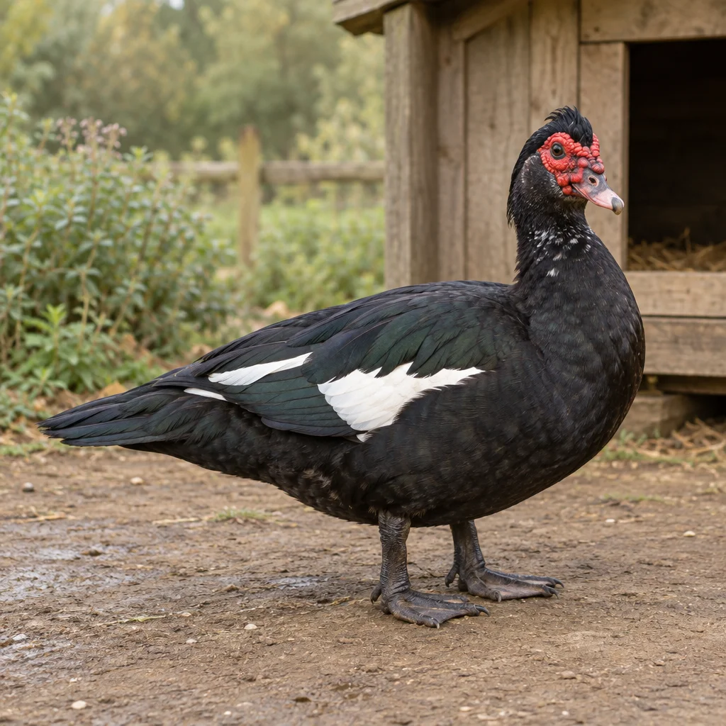 Schwarze Barbarieente mit weißen Flügelflecken und roter Haut um die Augen, auf einem Hof neben einem hölzernen Schutzhaus.