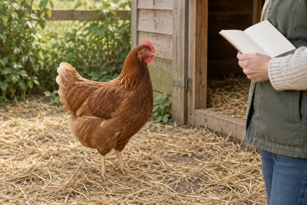 Ein braunes Huhn steht auf Stroh neben einem Hühnerstall aus Holz. Daneben hält jemand ein aufgeschlagenes, leeres Notizbuch.