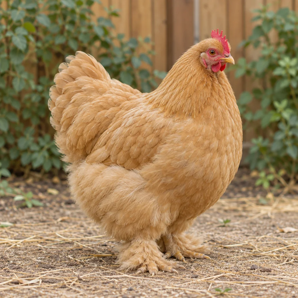 Ein kleines, rundliches, goldbraunes Huhn mit rotem Kamm und befiederten Beinen steht auf trockenem Boden vor einem Holzzaun.
