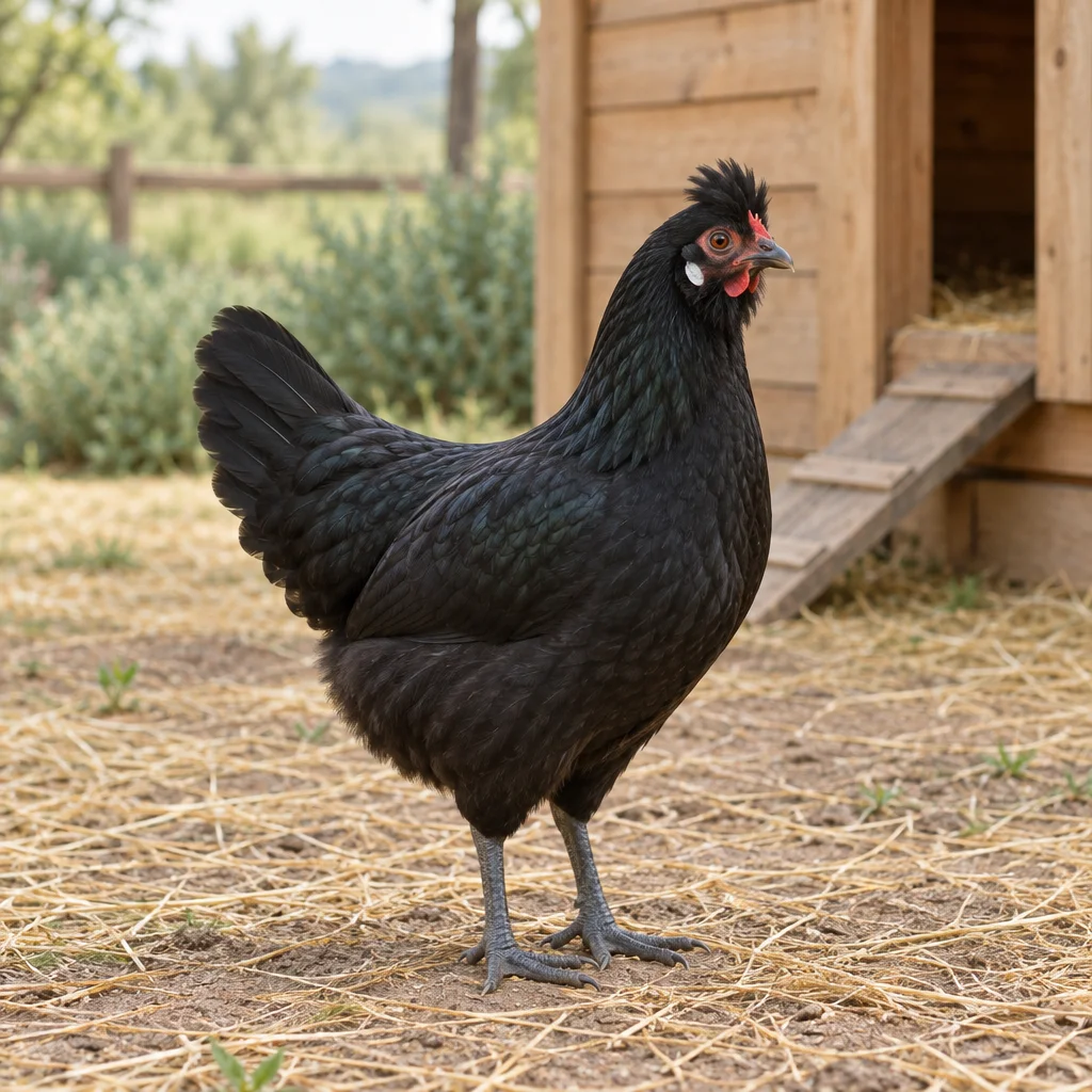 Schwarzes Huhn mit kleiner aufrechter Haube und grauen Beinen auf Stroh vor einem hölzernen Hühnerstall.