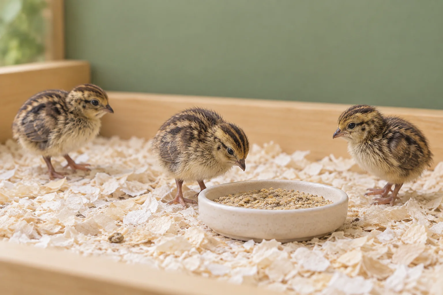 Drei junge Wachteln stehen auf hellen Holzspänen neben einer flachen Schale mit Futter.