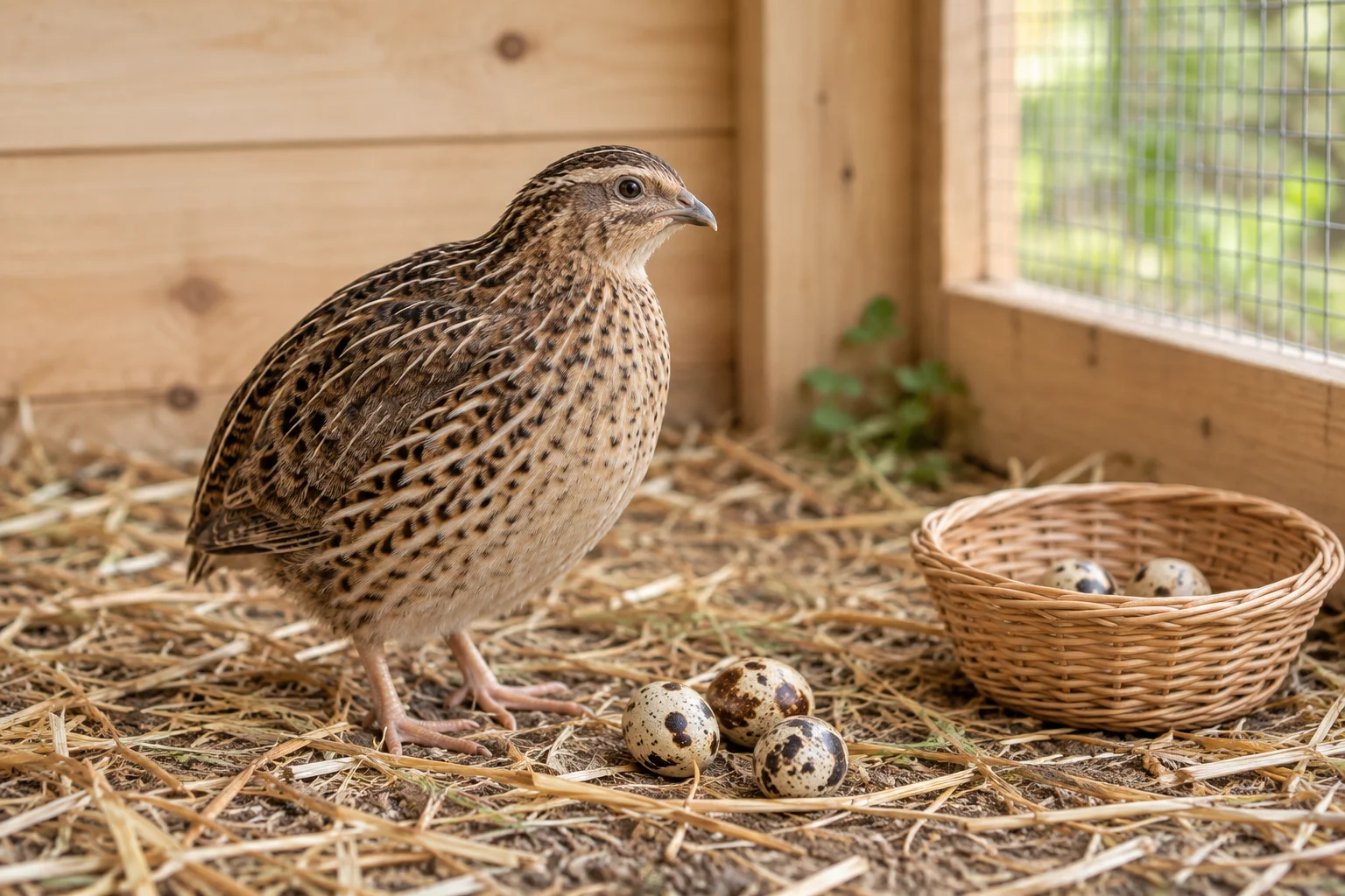 Braun gefleckte Wachtel in einem Gehege aus Holz, neben gesprenkelten Eiern auf Stroh und einem Körbchen mit Eiern.