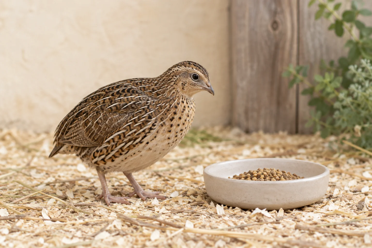 Eine braun gesprenkelte Wachtel steht neben einer flachen Schale mit Futterpellets auf einem Boden mit Holzspänen.