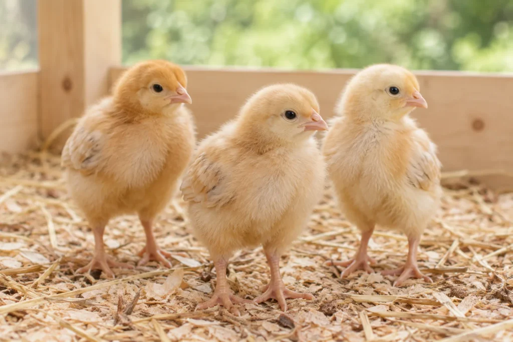 Drei junge Küken stehen auf Stroh und Holzspänen in einem Holzgehege.