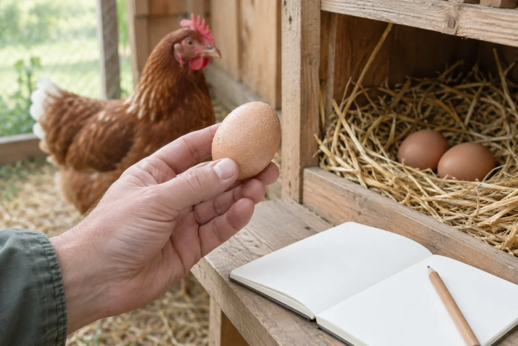 Eine Hand hält ein Ei mit leicht rauer Schale neben einem Legenest mit zwei Eiern. Auf dem Holzrand liegen ein leeres Notizbuch und ein Bleistift; im Hintergrund steht ein braunes Huhn.