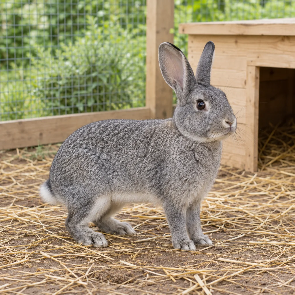 Graues Chinchillakaninchen in einem eingezäunten Gehege mit Stroh und einem hölzernen Unterschlupf.