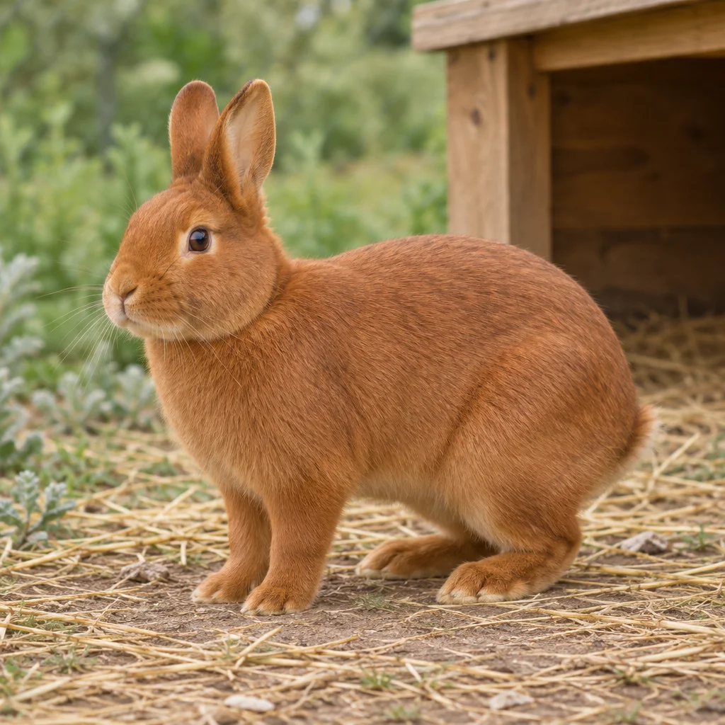 Rotbraunes Kaninchen mit aufrecht stehenden Ohren steht mit allen vier Pfoten auf Stroh neben einem hölzernen Versteck.