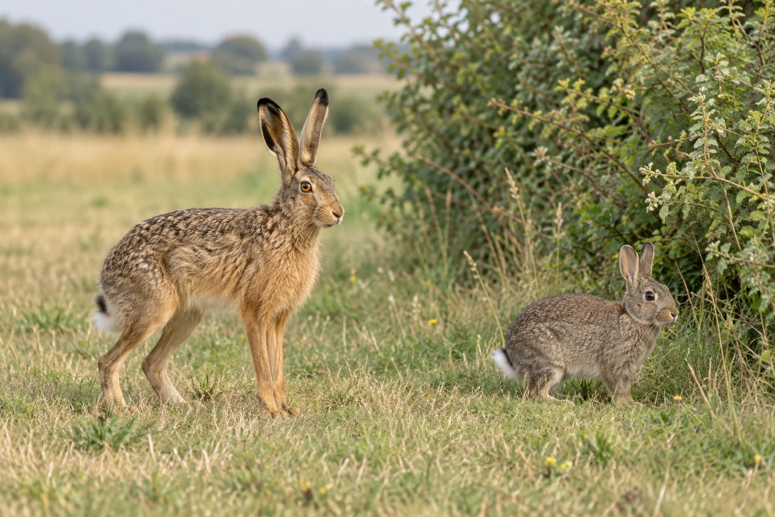 Illustration eines Feldhasen mit langen Beinen neben einem kleineren Wildkaninchen auf einer Wiese.