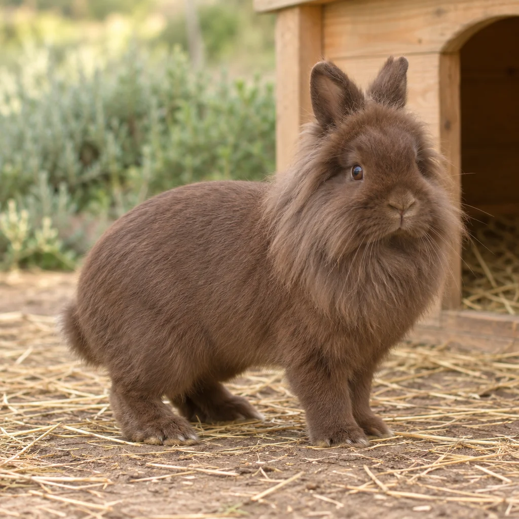 Braunes Kaninchen mit voller Mähne rund um Kopf und Brust und aufrecht stehenden Ohren neben einem hölzernen Unterschlupf.
