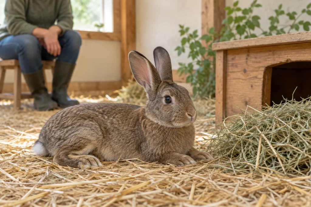 Ein braunes Kaninchen liegt auf Stroh neben Heu und einem Unterschlupf aus Holz, während im Hintergrund eine Person sitzt.