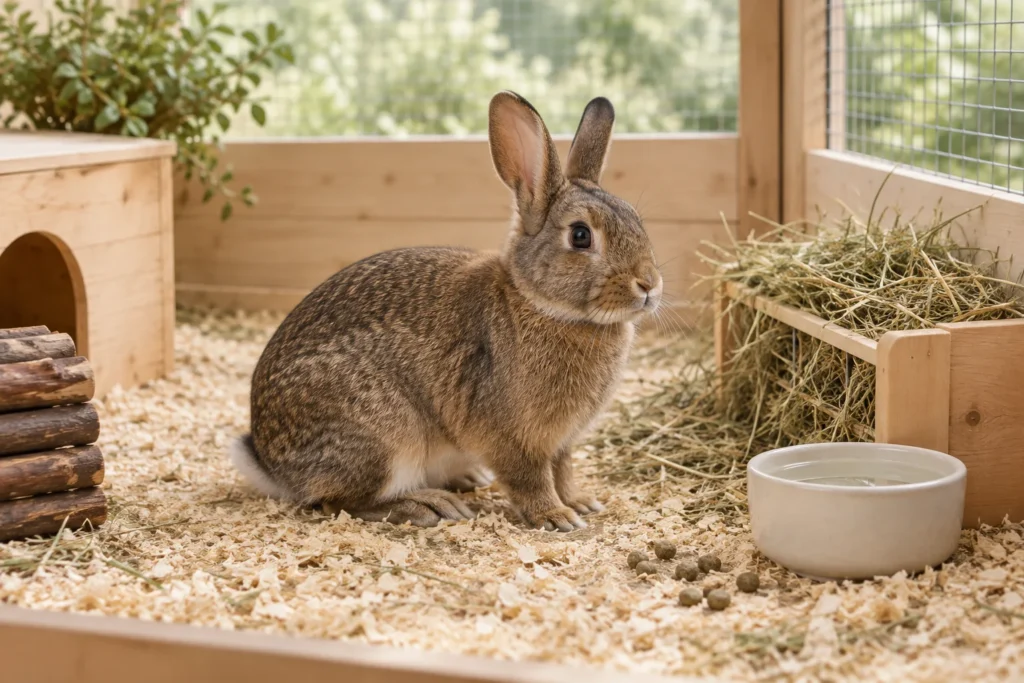 Braunes Kaninchen in einem Gehege mit Heu, einem Wassernapf und Kotkügelchen auf der Einstreu.