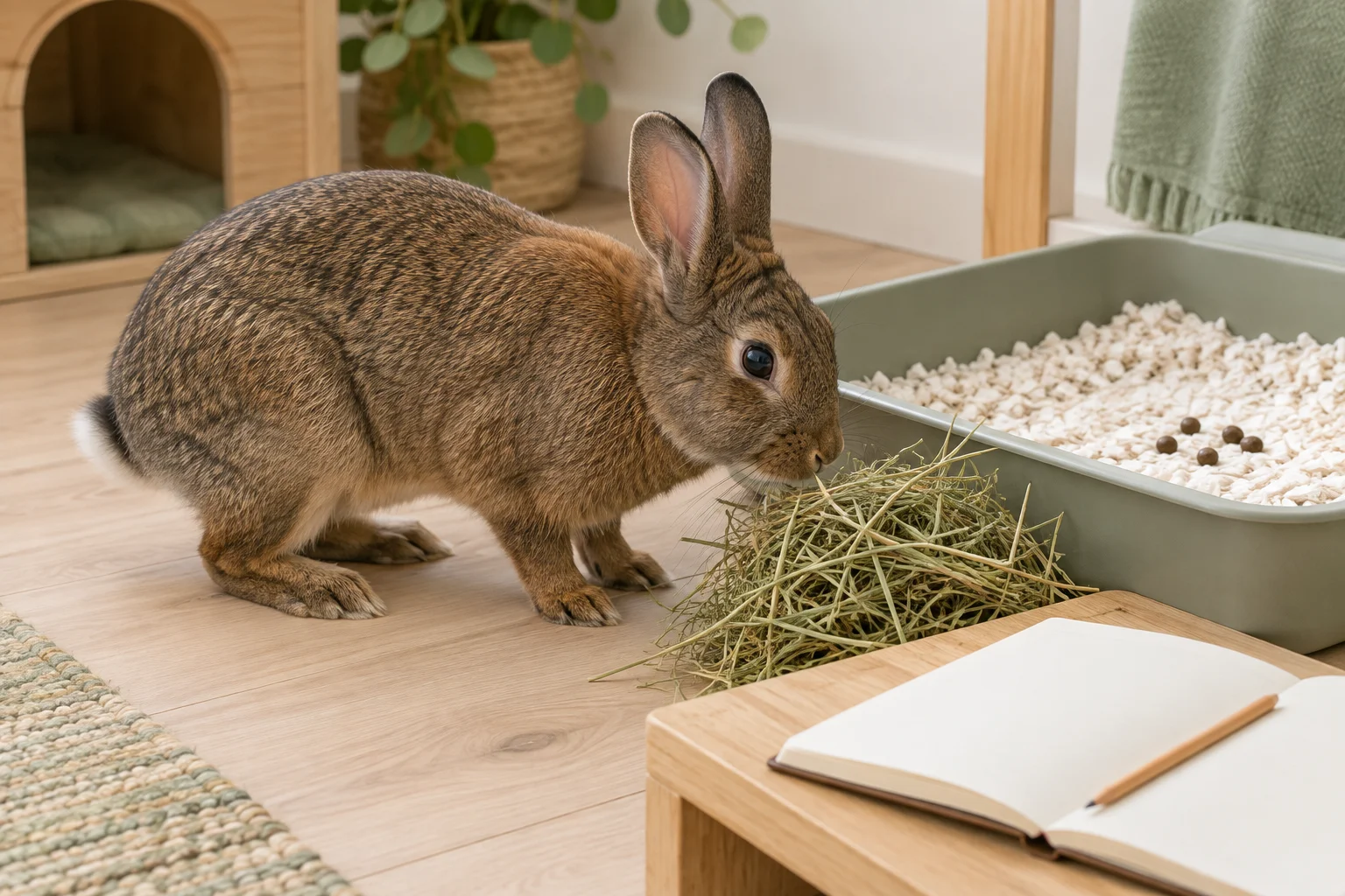 Braunes Kaninchen neben Heu und einer Katzentoilette mit einigen Kötteln; auf einem kleinen Holztisch liegen ein leeres Notizbuch und ein Bleistift.