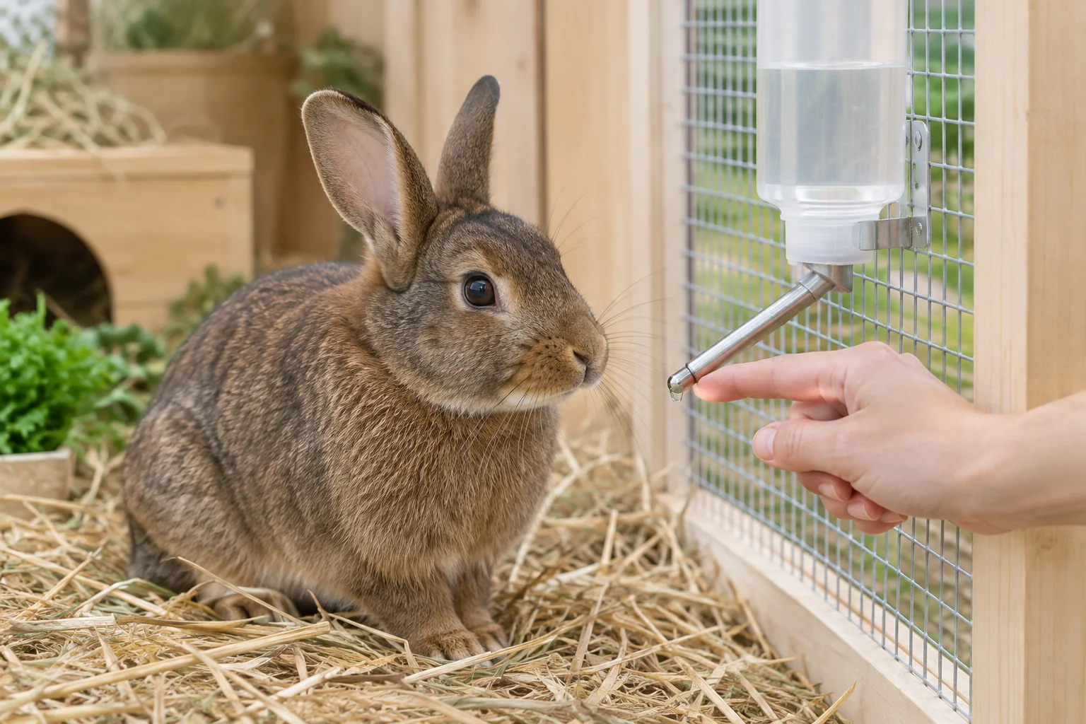 Braunes Kaninchen neben einer am Gitter befestigten Trinkflasche; eine Hand hält einen Finger an den metallenen Trinknippel mit einem Wassertropfen.