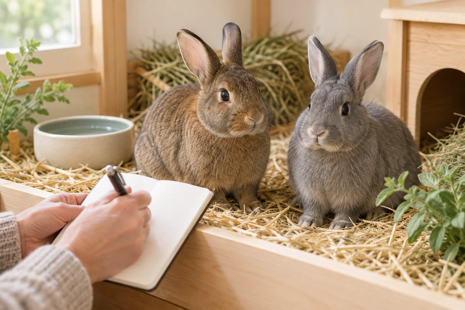 Zwei Kaninchen sitzen in einem Gehege mit Heu, während jemand einen Stift über ein Notizbuch hält.