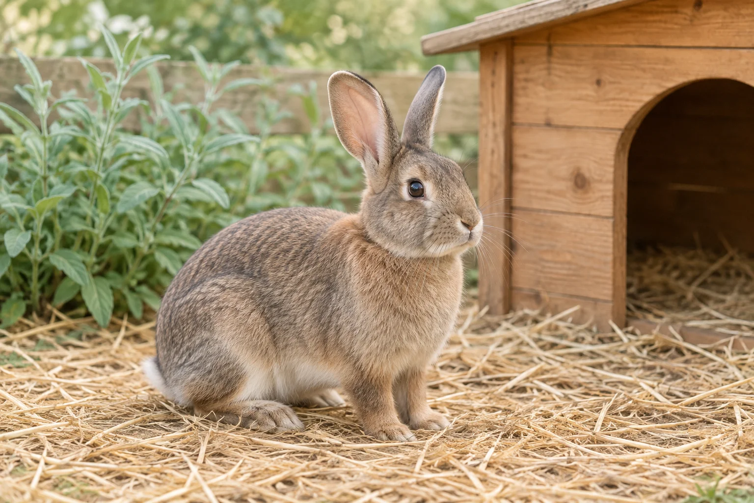 Braunes Kaninchen mit aufrecht stehenden Ohren auf Stroh neben einem hölzernen Unterschlupf.