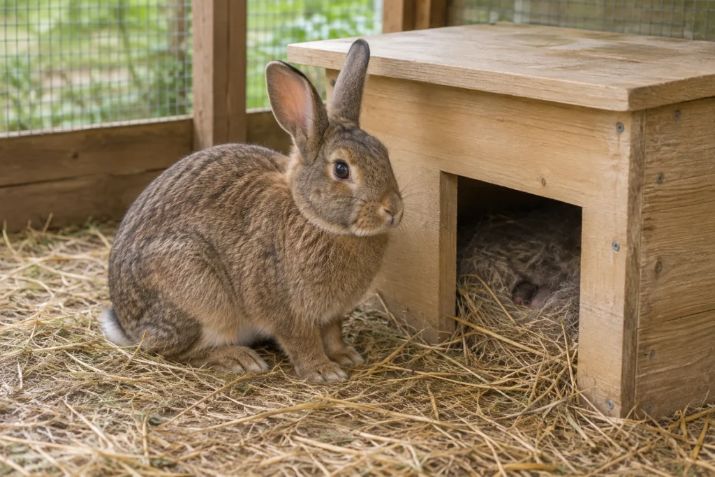 Braunes Kaninchen neben einem überdachten Nestkasten aus Holz mit Jungen im Nest.