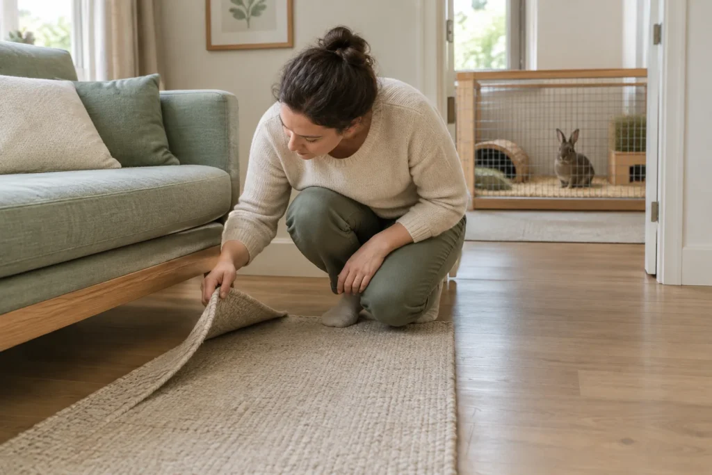 Eine Person hebt neben einem Sofa die Ecke eines Teppichs an. Im angrenzenden Bereich sitzt ein Kaninchen hinter einer Absperrung.