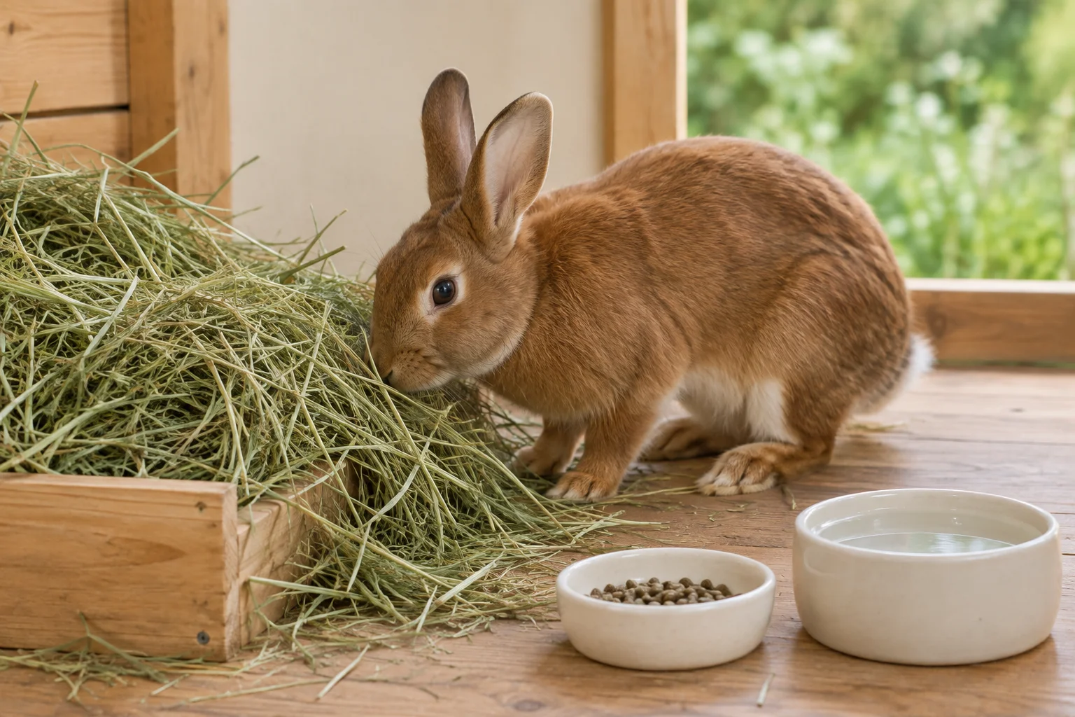 Braunes Kaninchen neben einem Stapel Heu, mit einem Napf Pellets und einem Wassernapf auf einem Holzboden.