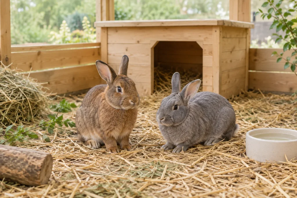 Ein braunes und ein graues Kaninchen sitzen auf Stroh vor einem Unterschlupf aus Holz, neben ihnen stehen Heu und ein Wassernapf.