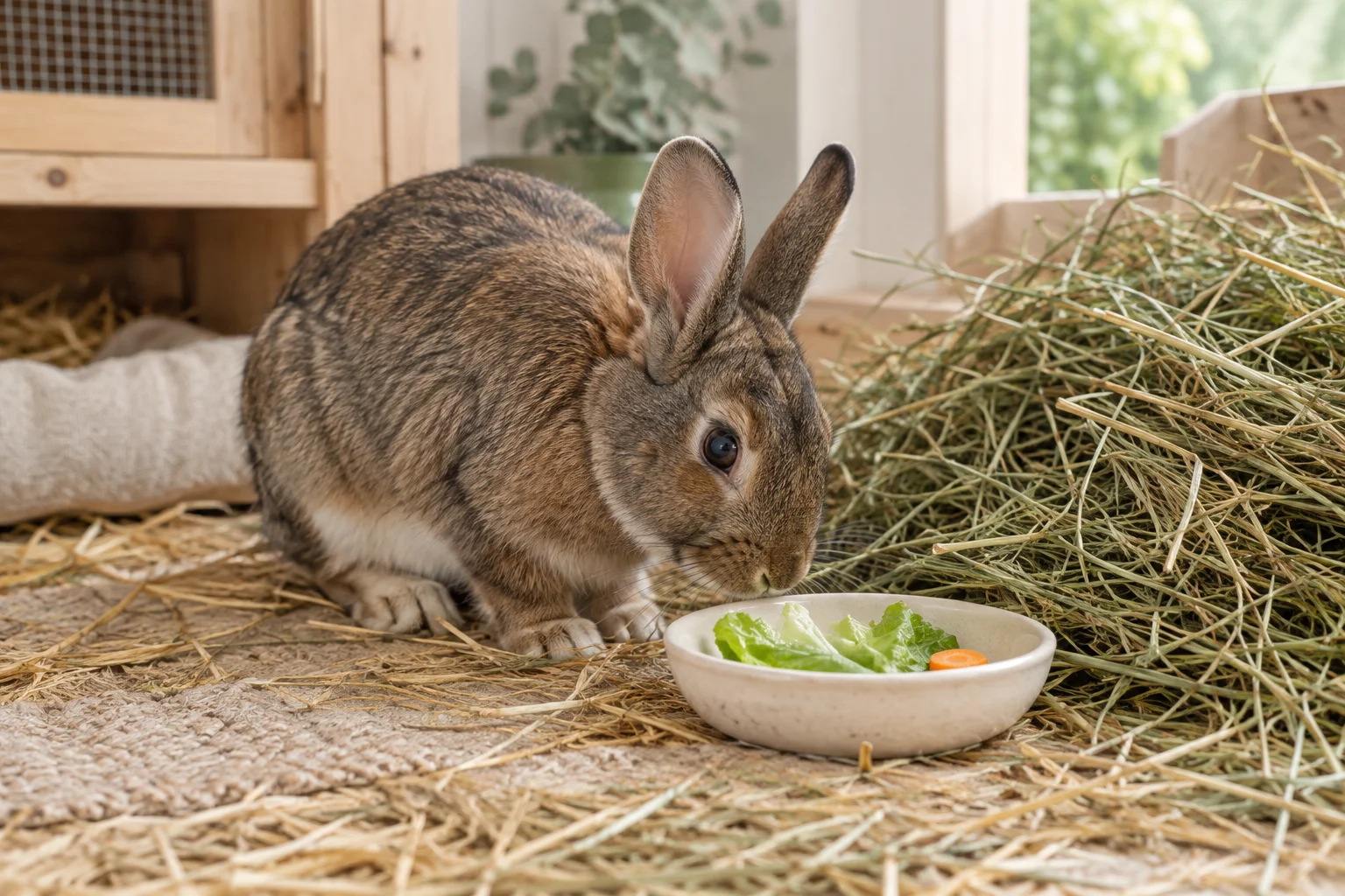 Braunes Kaninchen neben einer Schale mit Salatblättern und einem Stück Karotte, daneben ein großer Haufen Heu.