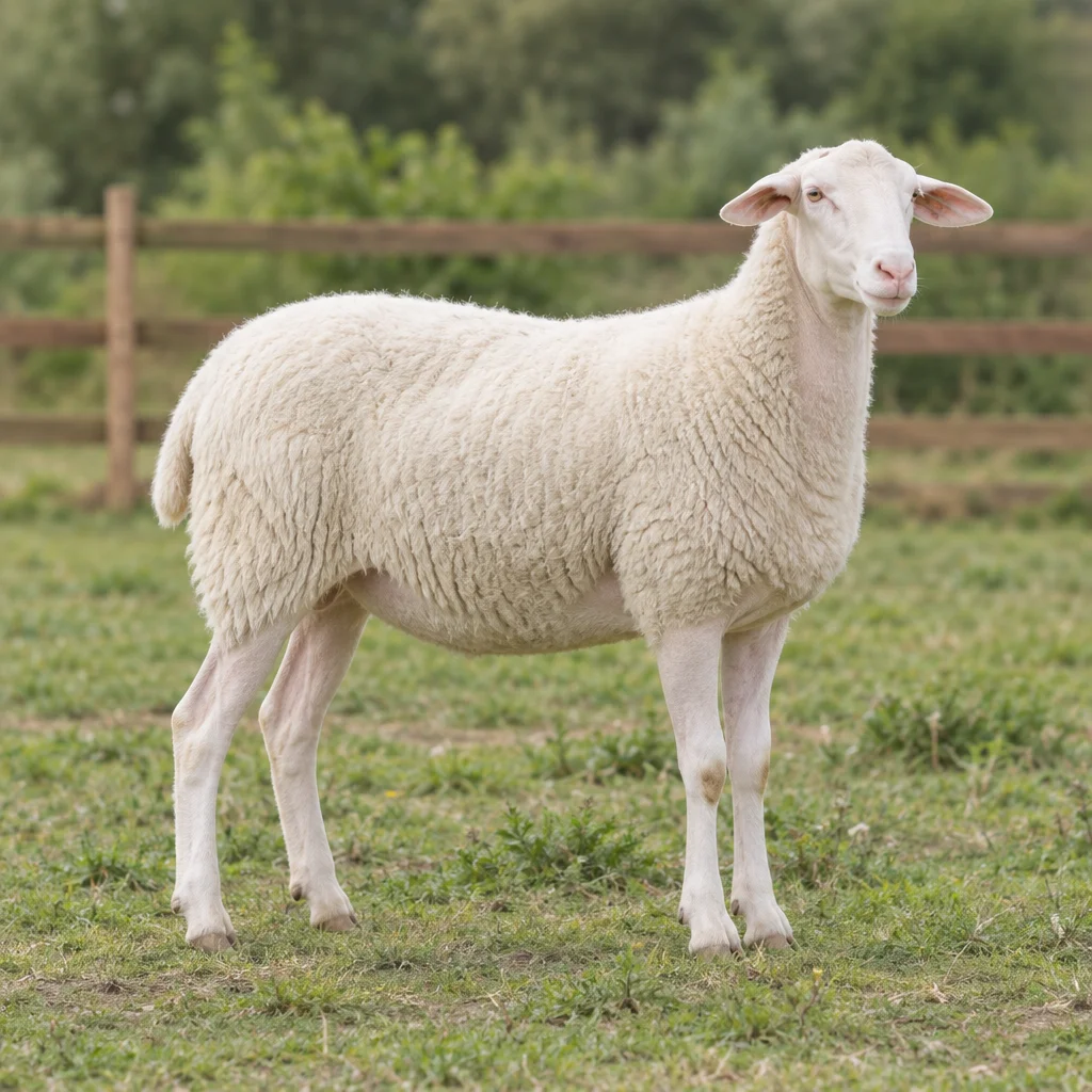 Weißes Schaf mit hellem Kopf und hellen Beinen steht mit dem ganzen Körper sichtbar auf einer Weide vor einem Holzzaun.
