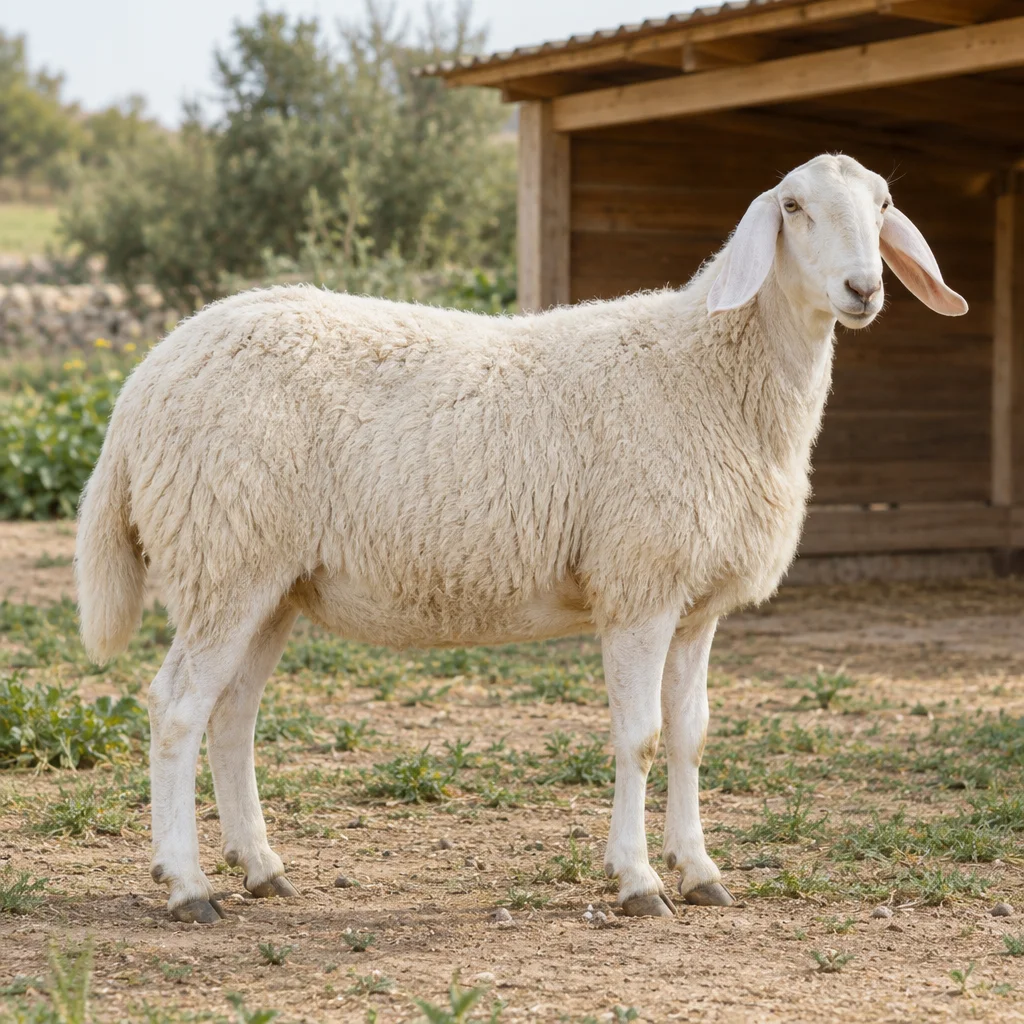 Weißes Schaf mit langen Hängeohren steht mit vier sichtbaren Hufen bei einem hölzernen Unterstand.