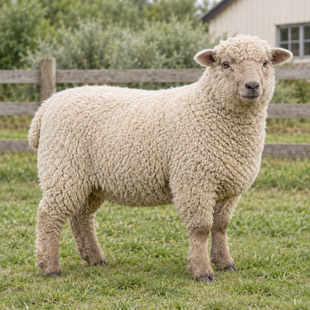 Ein kompaktes Schaf mit cremefarbener Wolle und hellbrauner Schnauze steht auf Gras vor einem Holzzaun.