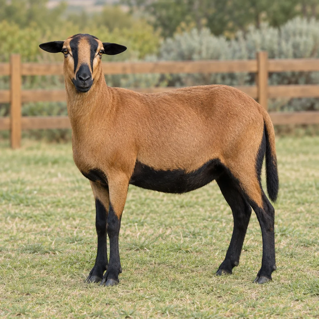 Ein hornloses Schaf mit kurzem braunem Fell, schwarzem Bauch und schwarzen Beinen steht auf Gras vor einem Holzzaun.