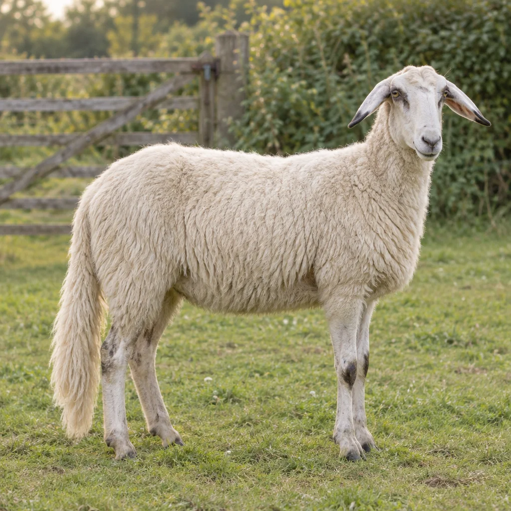 Ein weißes Schaf mit langen Ohren und einem langen, bewollten Schwanz steht auf Gras vor einem Holzzaun.