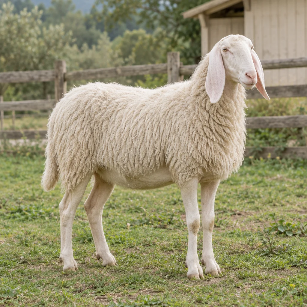 Weißes Schaf mit langen, hängenden Ohren steht vollständig sichtbar an einem Holzzaun.