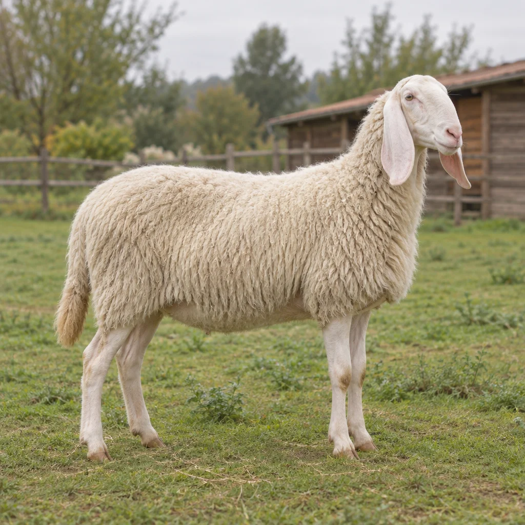 Ein großes weißes Schaf mit langen Hängeohren steht vollständig sichtbar auf Gras, im Hintergrund eine Holzscheune.