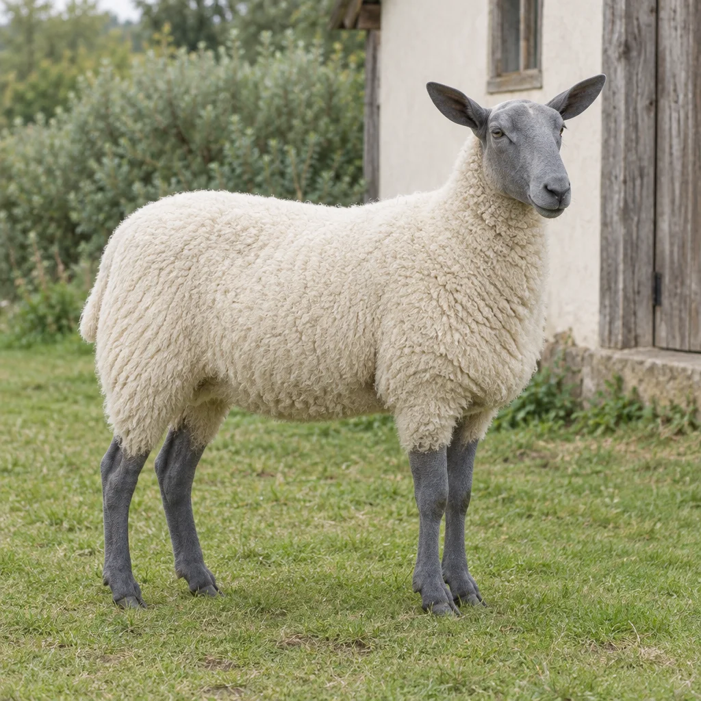 Ein Schaf mit weißer Wolle, einem unbewollten schiefergrauen Kopf und dunklen Beinen steht auf Gras vor einem Hofgebäude.