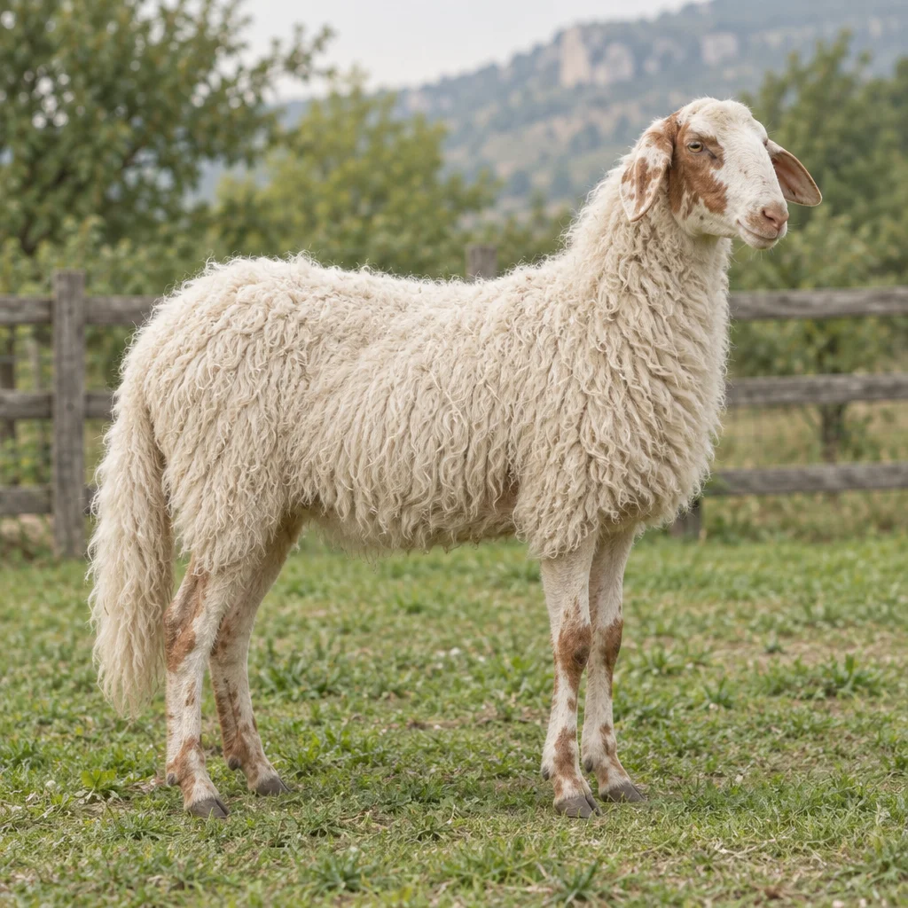 Weißes Schaf mit rotbraunen Flecken an Kopf und Beinen auf einer Grasweide neben einem Holzzaun.