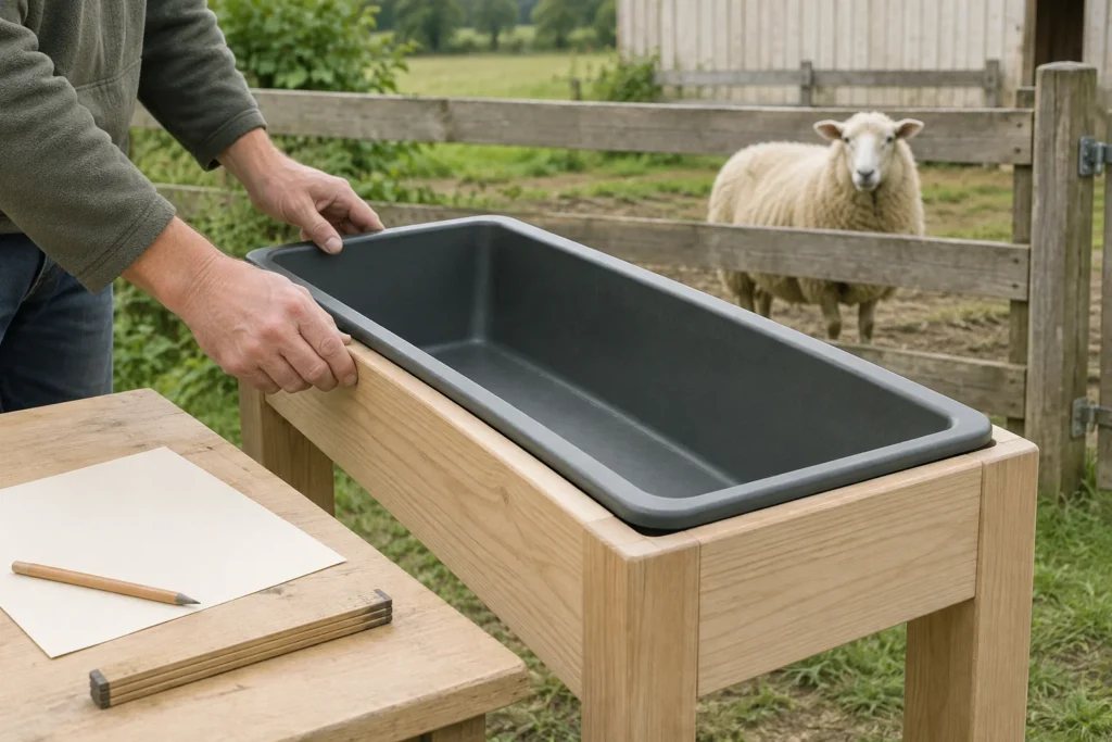 Hände halten einen leeren dunklen Futtertrog in einem Holzrahmen fest. Auf einem Tisch liegen Papier, ein Bleistift und ein Zollstock; hinter einem Zaun steht ein Schaf.