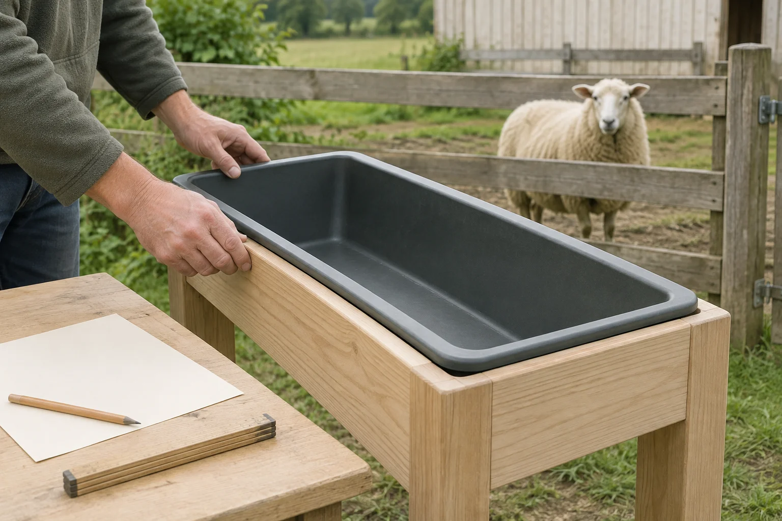 Hände halten einen leeren dunklen Futtertrog in einem Holzrahmen fest. Auf einem Tisch liegen Papier, ein Bleistift und ein Zollstock; hinter einem Zaun steht ein Schaf.