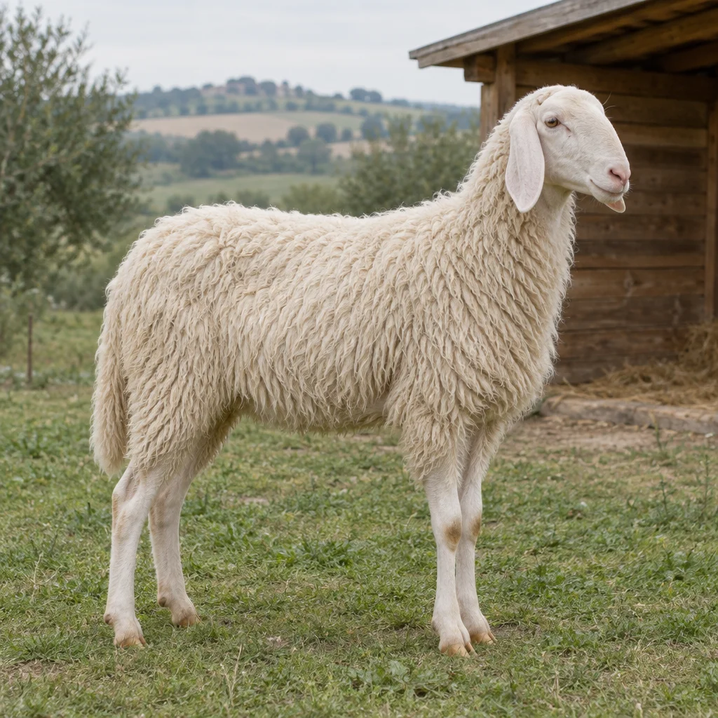 Weißes Schaf mit hängenden Ohren und einem leicht gewölbten Nasenprofil steht auf Gras neben einem hölzernen Unterstand.