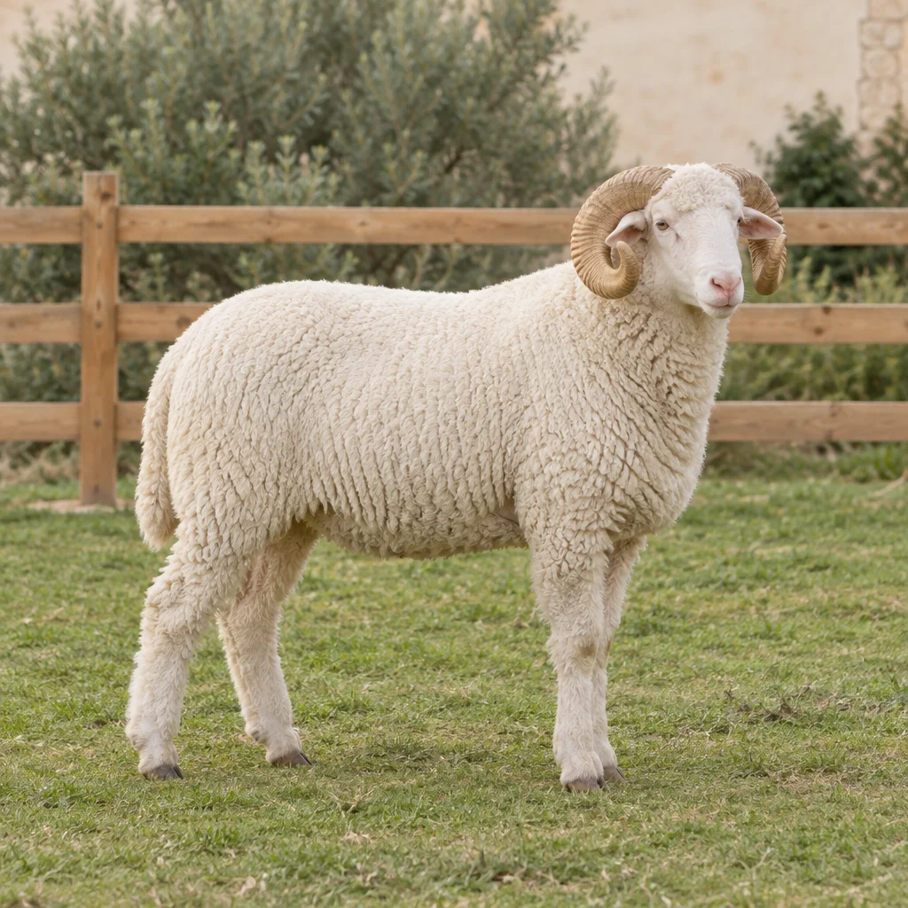 Weißer Schafbock mit gekrümmten Hörnern steht auf Gras vor einem Holzzaun.