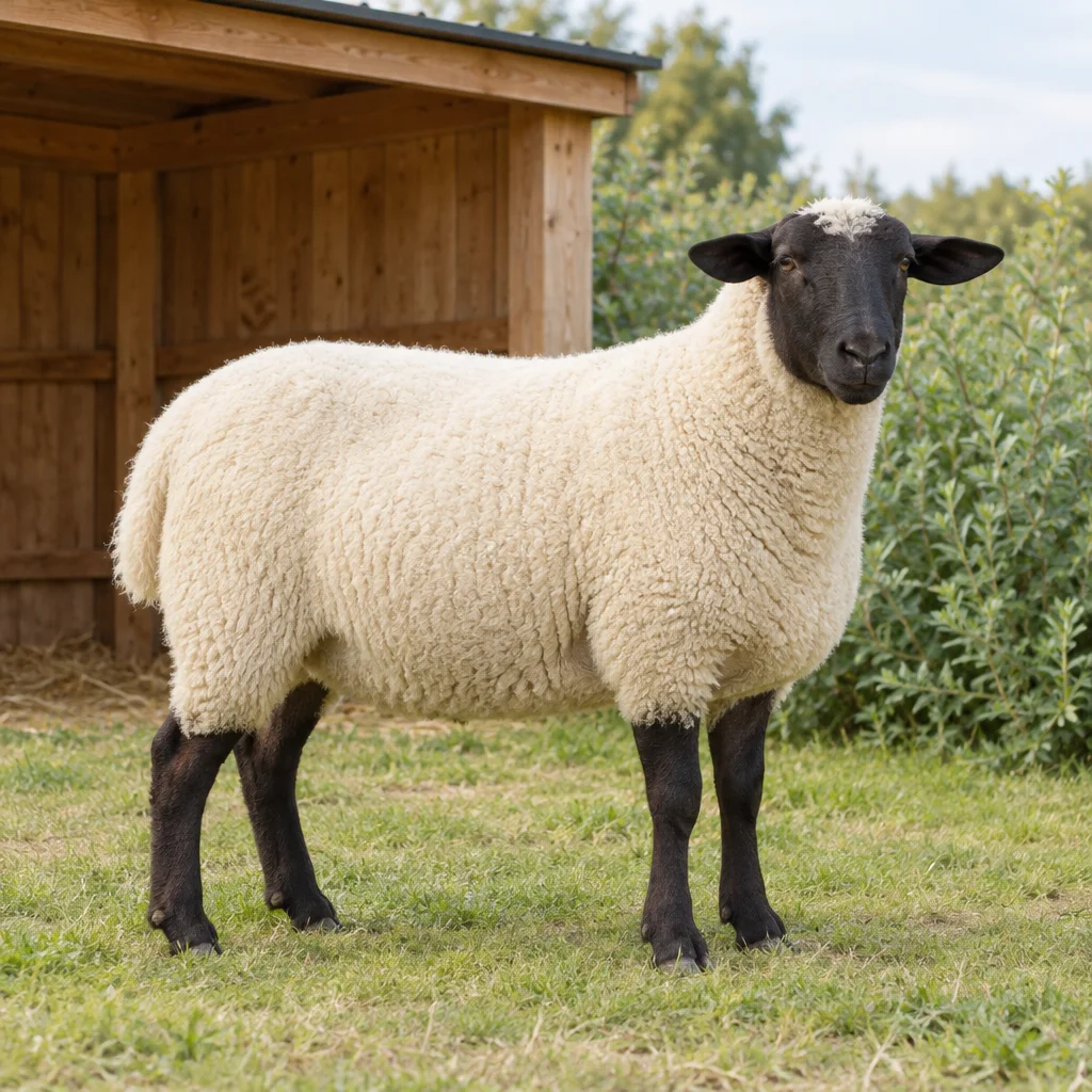 Ein Schaf mit weißer Wolle, schwarzem Kopf und dunklen Beinen steht auf Gras neben einem Unterstand aus Holz.