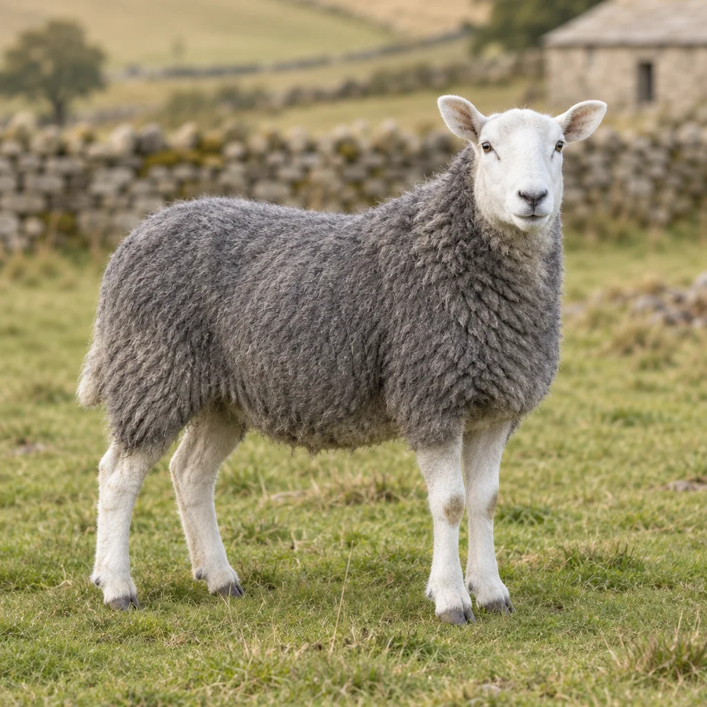 Ein hornloses Schaf mit grauem Vlies, weißem Kopf und weißen Beinen steht auf Gras vor einer Steinmauer.