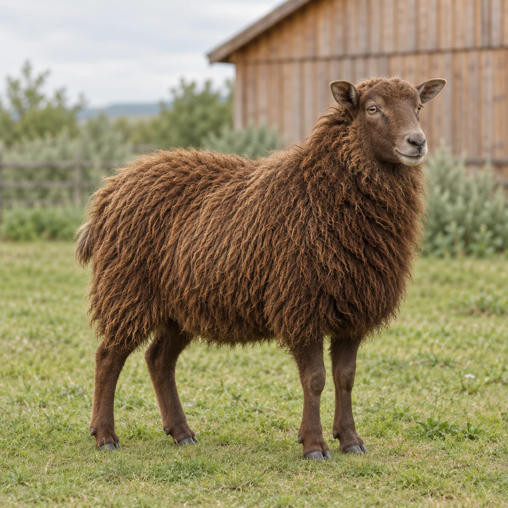 Ein braunes, hornloses Schaf steht mit allen vier sichtbaren Beinen auf einer Weide, im Hintergrund eine Holzscheune.