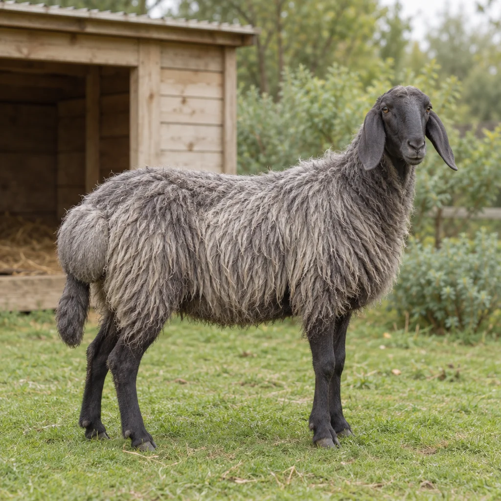 Schaf mit grauer Wolle, dunklem Kopf, Hängeohren und breitem Schwanz steht auf Gras neben einem hölzernen Unterstand.
